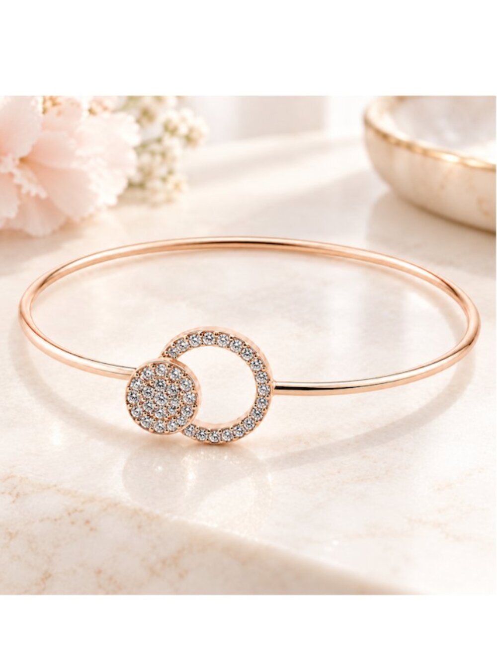 Rose Gold Pave Rhinestone Double Circle Open Bangle Bracelet Geometric Luxe NEW